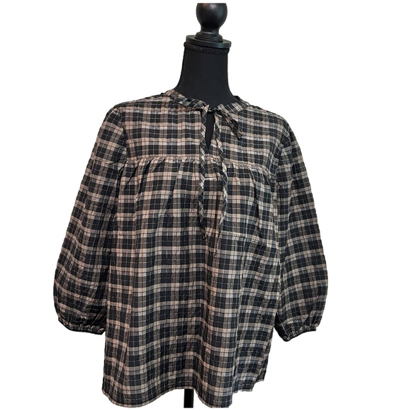 Barbour Lorelie‎ Women's Checked Seersucker Blouse Volume Sleeves US Size 6 - Picture 1 of 10